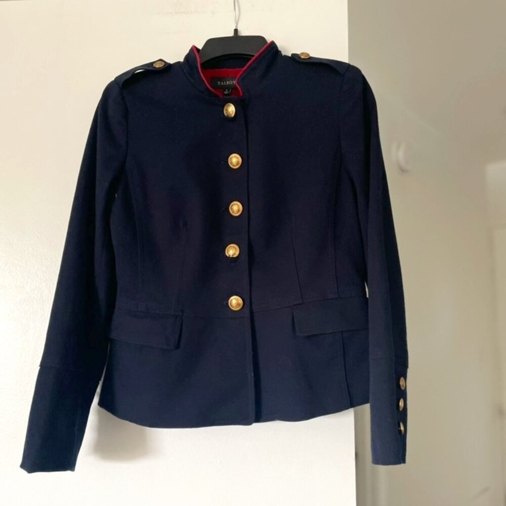 Talbots Sz 6 Navy Knit Jacket Military Style Blazer Gold Buttons Like New